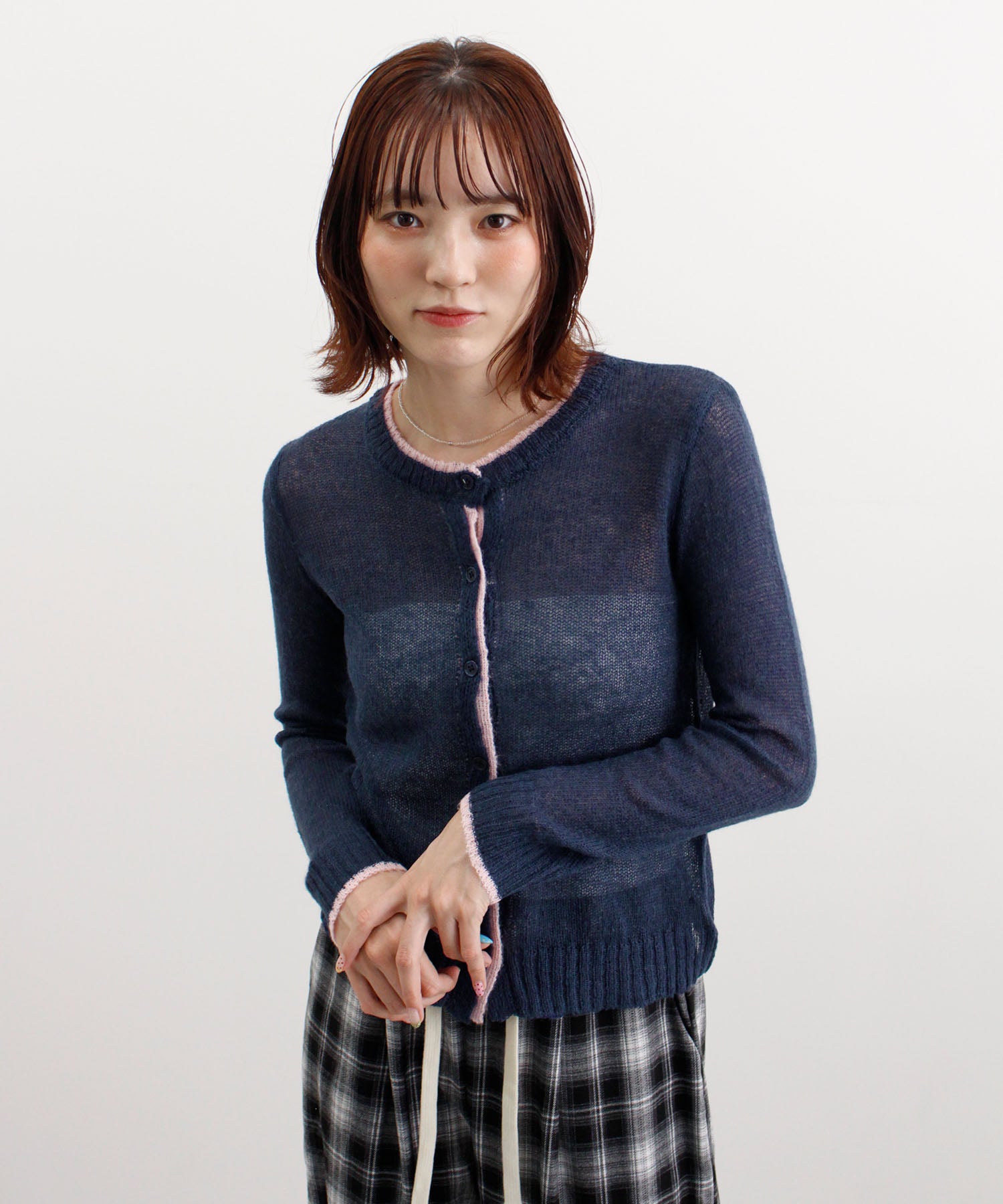 フューティアランド Futier Land 配色シアーニットカーディガン (ネイビー) ネイビー