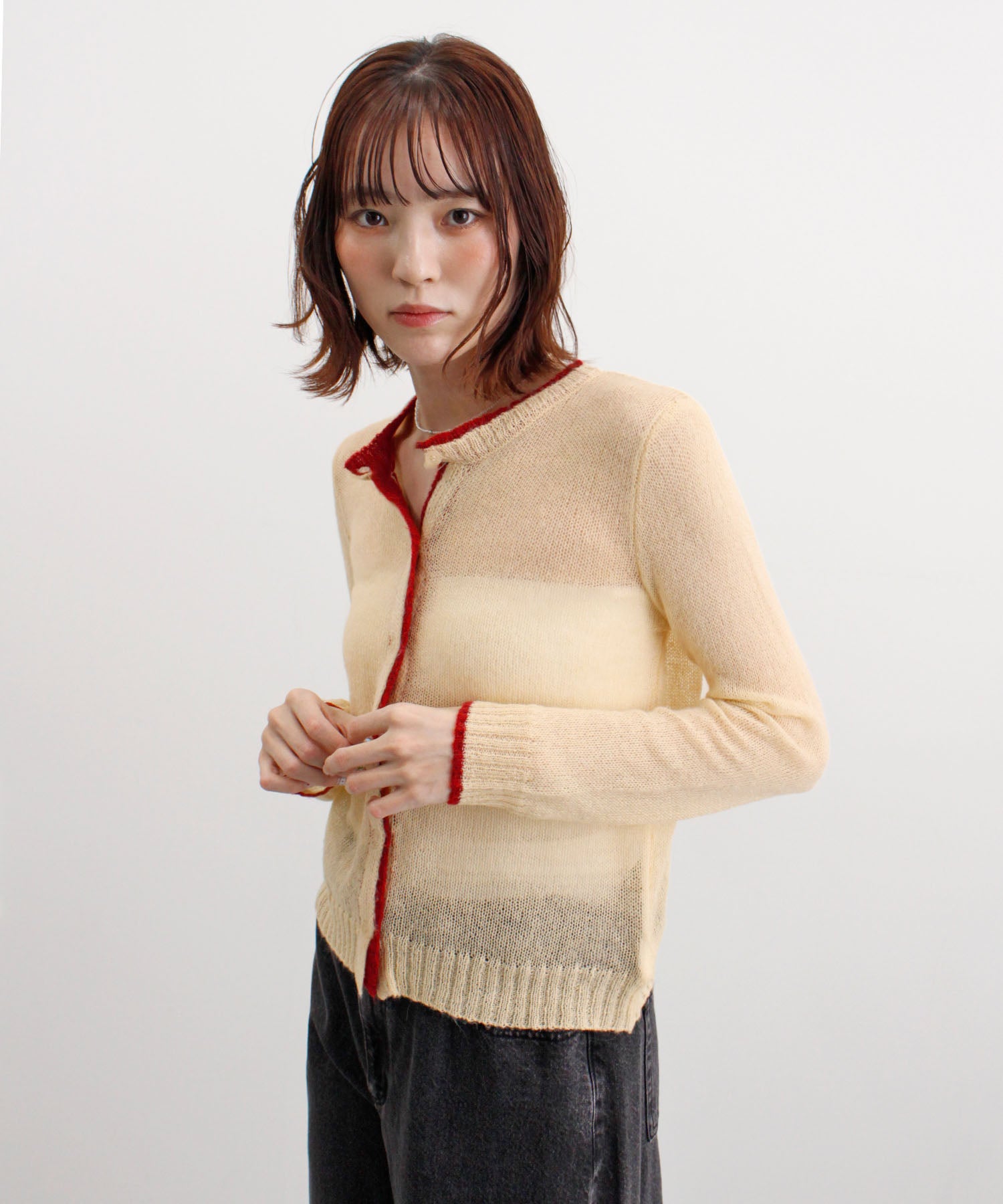 フューティアランド Futier Land 配色シアーニットカーディガン (ベージュ) ベージュ