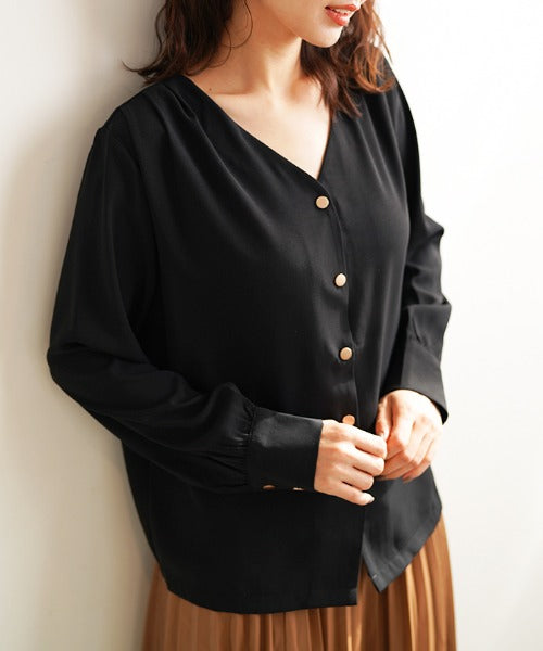 フューティアランド Futier Land ショルダータックVネックノーカラーブラウス,ブラック