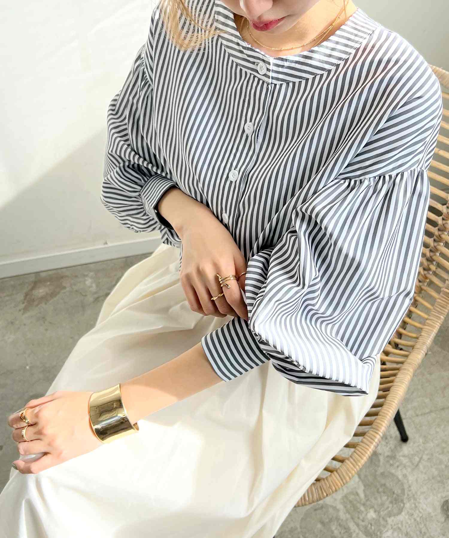 フューティアランド Futier Land ストライプ柄バルーンスリーブバンドカラーブラウス