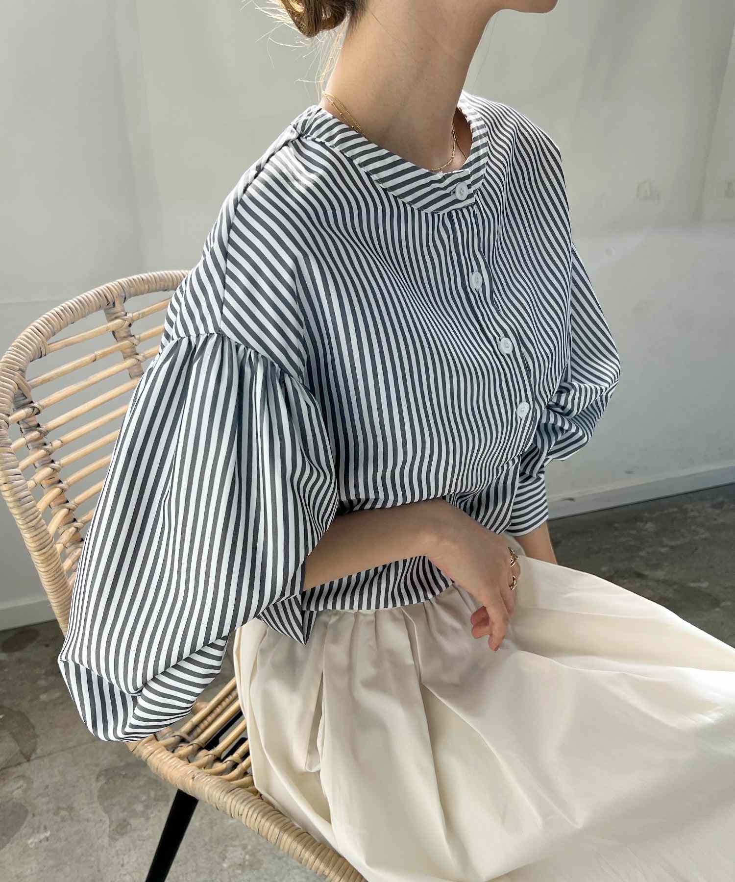 フューティアランド Futier Land ストライプ柄バルーンスリーブバンドカラーブラウス