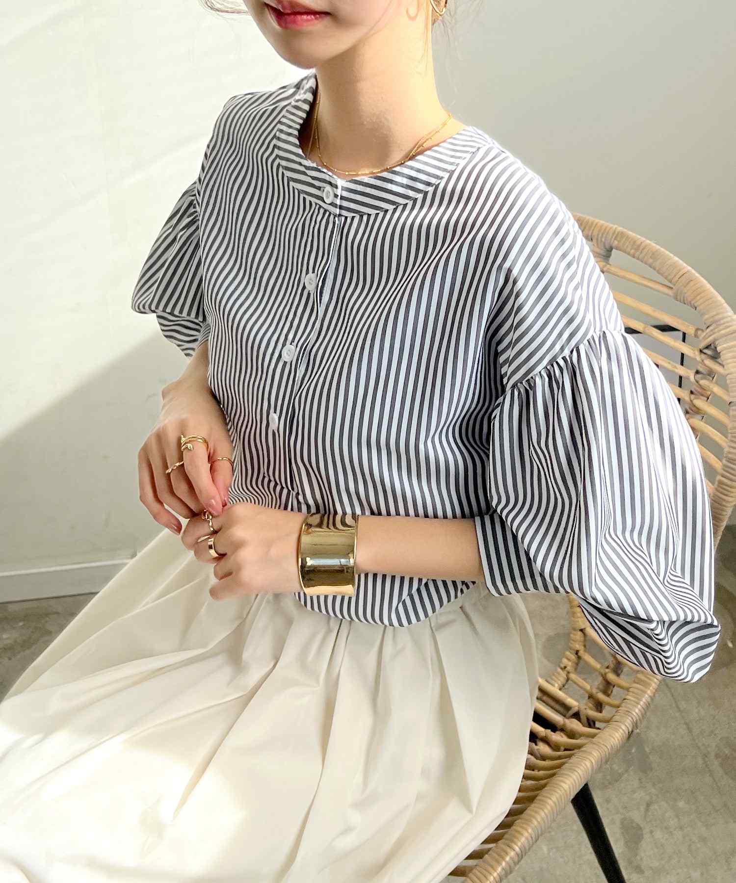 フューティアランド Futier Land ストライプ柄バルーンスリーブバンドカラーブラウス