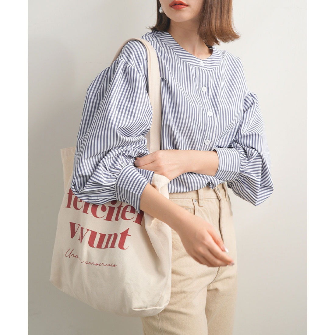 フューティアランド Futier Land ストライプ柄バルーンスリーブバンドカラーブラウス,ブルー