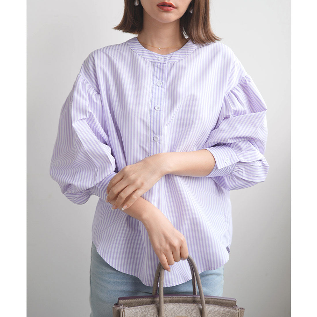 フューティアランド Futier Land ストライプ柄バルーンスリーブバンドカラーブラウス,ライトパープル