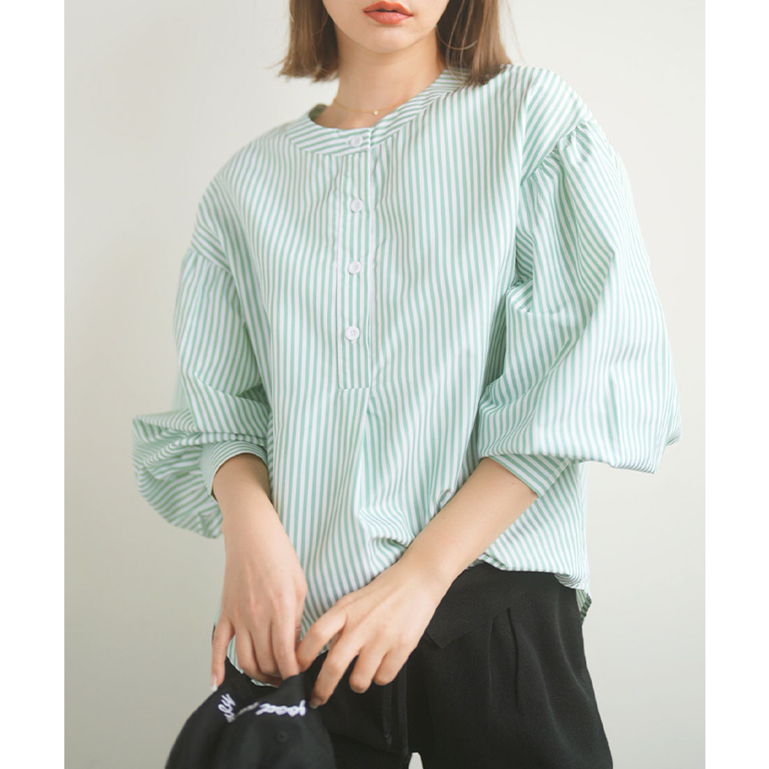 フューティアランド Futier Land ストライプ柄バルーンスリーブバンドカラーブラウス,グリーン