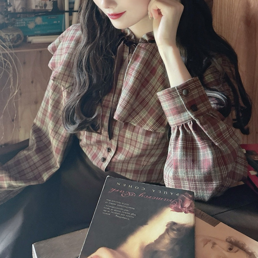 フィント F i.n.t 【洗える/セットアップ可能】ケープ付きチェックブラウス (BROWN×RE) BROWN×RE