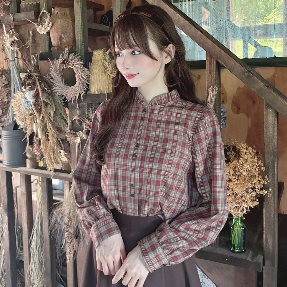 フィント F i.n.t 【洗える/セットアップ可能】ケープ付きチェックブラウス (BROWN×RE) BROWN×RE