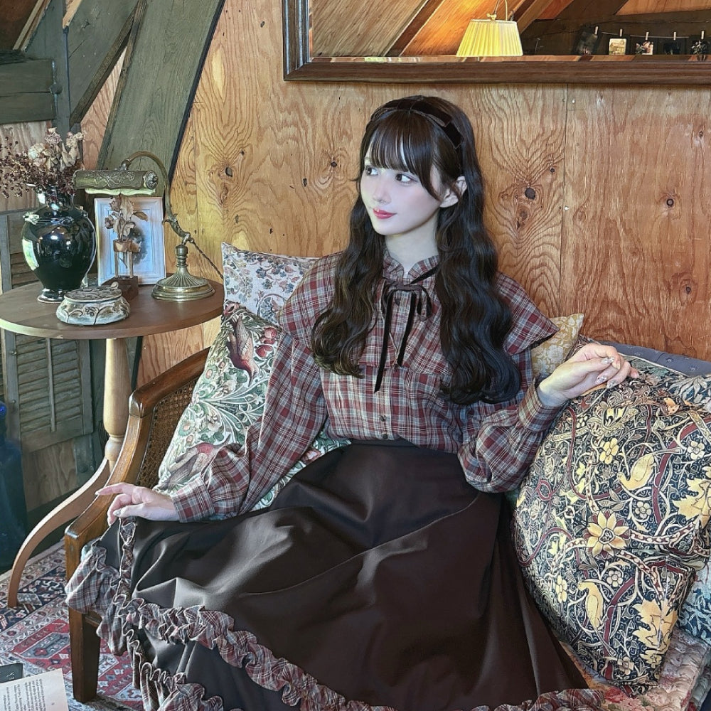 フィント F i.n.t 【洗える/セットアップ可能】ケープ付きチェックブラウス (BROWN×RE) BROWN×RE