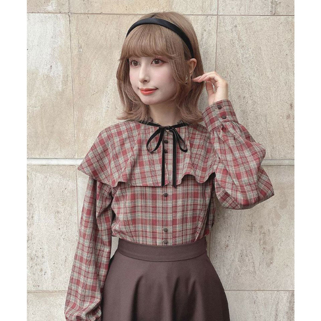 フィント F i.n.t 【洗える/セットアップ可能】ケープ付きチェックブラウス (BROWN×RE) BROWN×RE