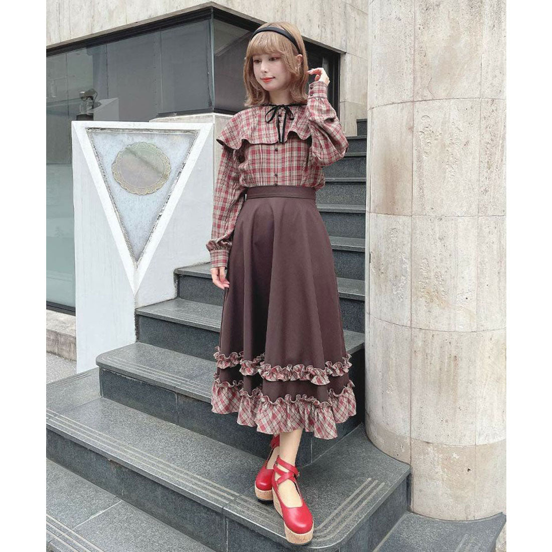 フィント F i.n.t 【洗える/セットアップ可能】ケープ付きチェックブラウス (BROWN×RE) BROWN×RE