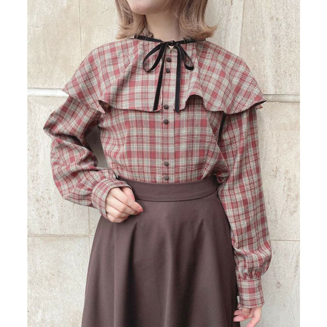 フィント F i.n.t 【洗える/セットアップ可能】ケープ付きチェックブラウス (BROWN×RE) BROWN×RE