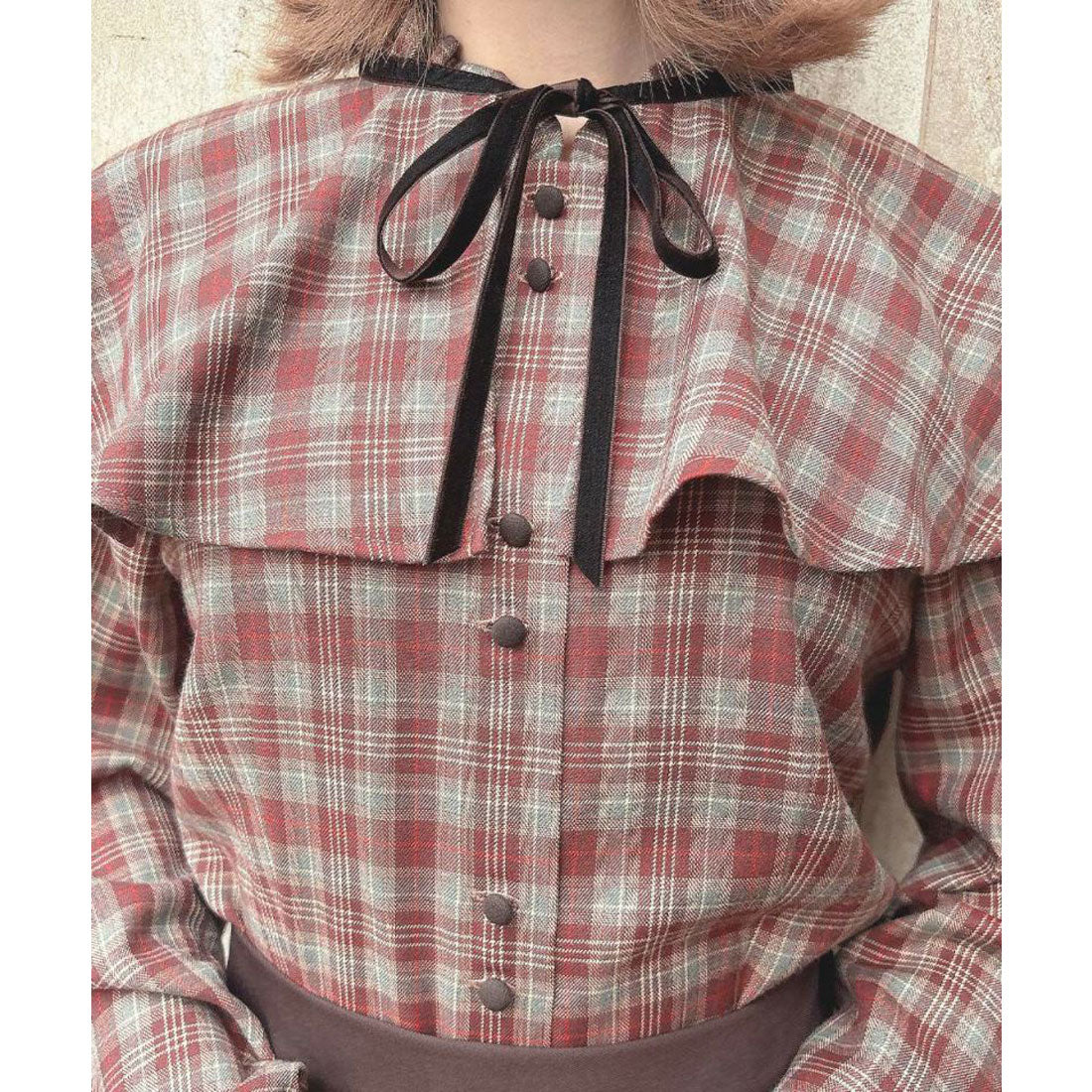 フィント F i.n.t 【洗える/セットアップ可能】ケープ付きチェックブラウス (BROWN×RE) BROWN×RE