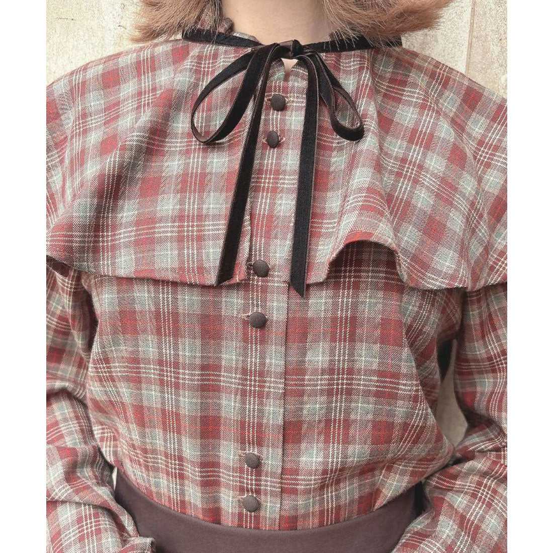フィント F i.n.t 【洗える/セットアップ可能】ケープ付きチェックブラウス (BROWN×RE) BROWN×RE