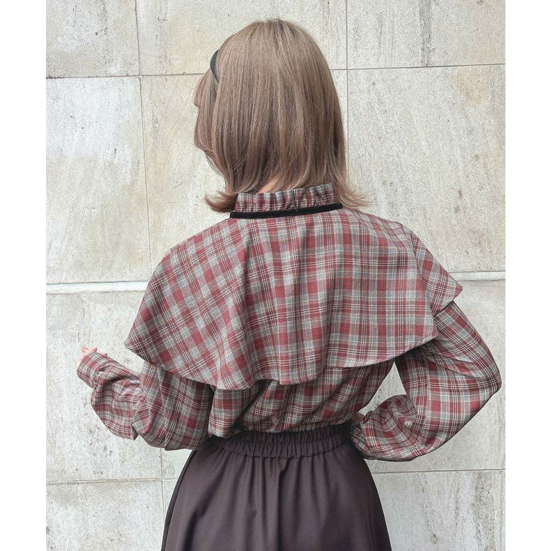 フィント F i.n.t 【洗える/セットアップ可能】ケープ付きチェックブラウス (BROWN×RE) BROWN×RE