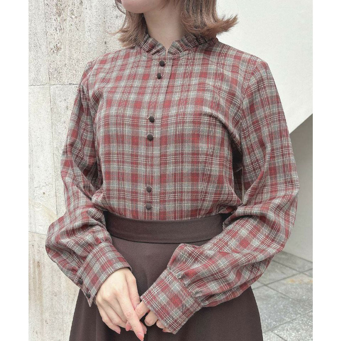 フィント F i.n.t 【洗える/セットアップ可能】ケープ付きチェックブラウス (BROWN×RE) BROWN×RE