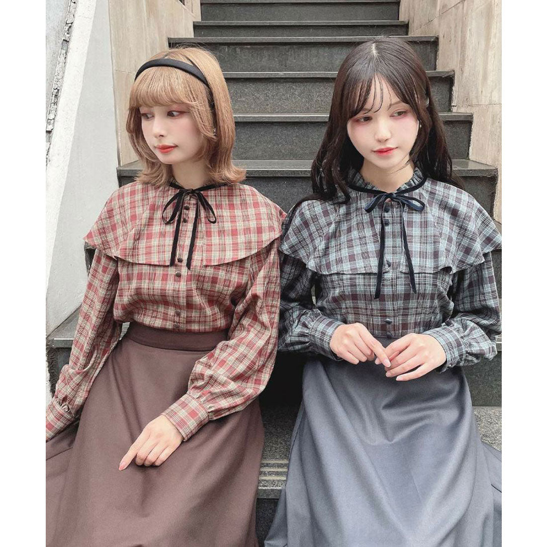 フィント F i.n.t 【洗える/セットアップ可能】ケープ付きチェックブラウス (BROWN×RE) BROWN×RE