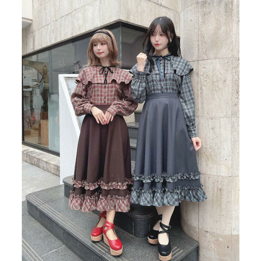 フィント F i.n.t 【洗える/セットアップ可能】ケープ付きチェックブラウス (BROWN×RE) BROWN×RE