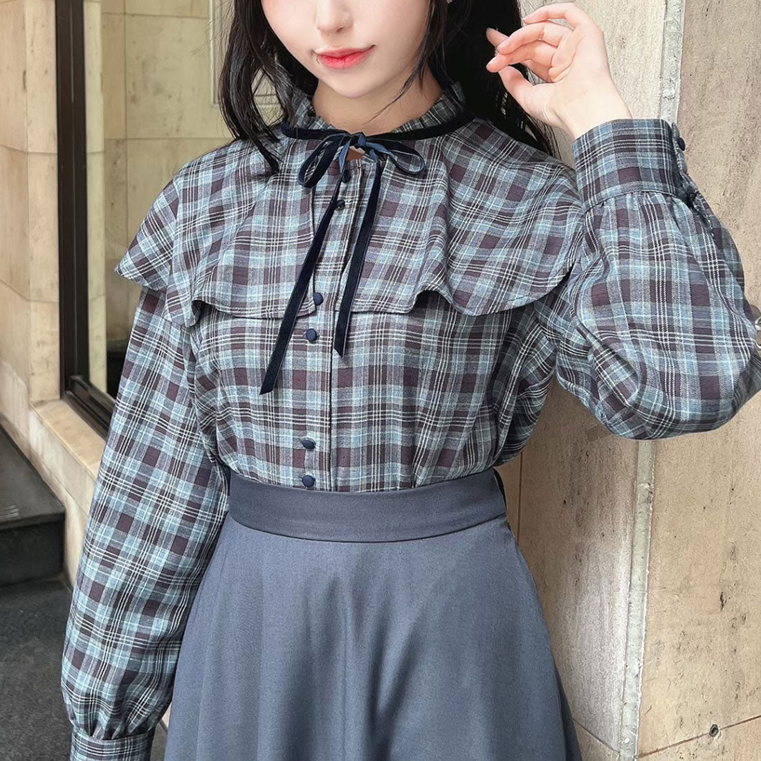 フィント F i.n.t 【洗える/セットアップ可能】ケープ付きチェックブラウス (NAVY×BL) NAVY×BL