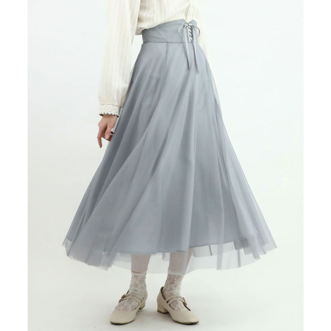フィント F i.n.t フロントレースアップチュールフレアースカート【洗える】,BLUE GRAY