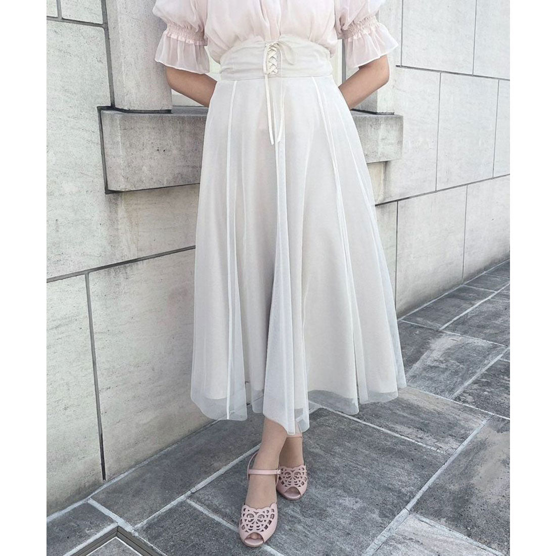 フィント F i.n.t フロントレースアップチュールフレアースカート【洗える】,OFF WHITE