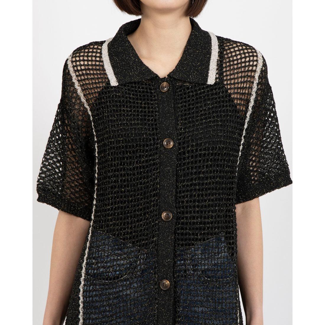 フェピュール feepur バイカラー透かし編みシャツニット (BLK) BLK