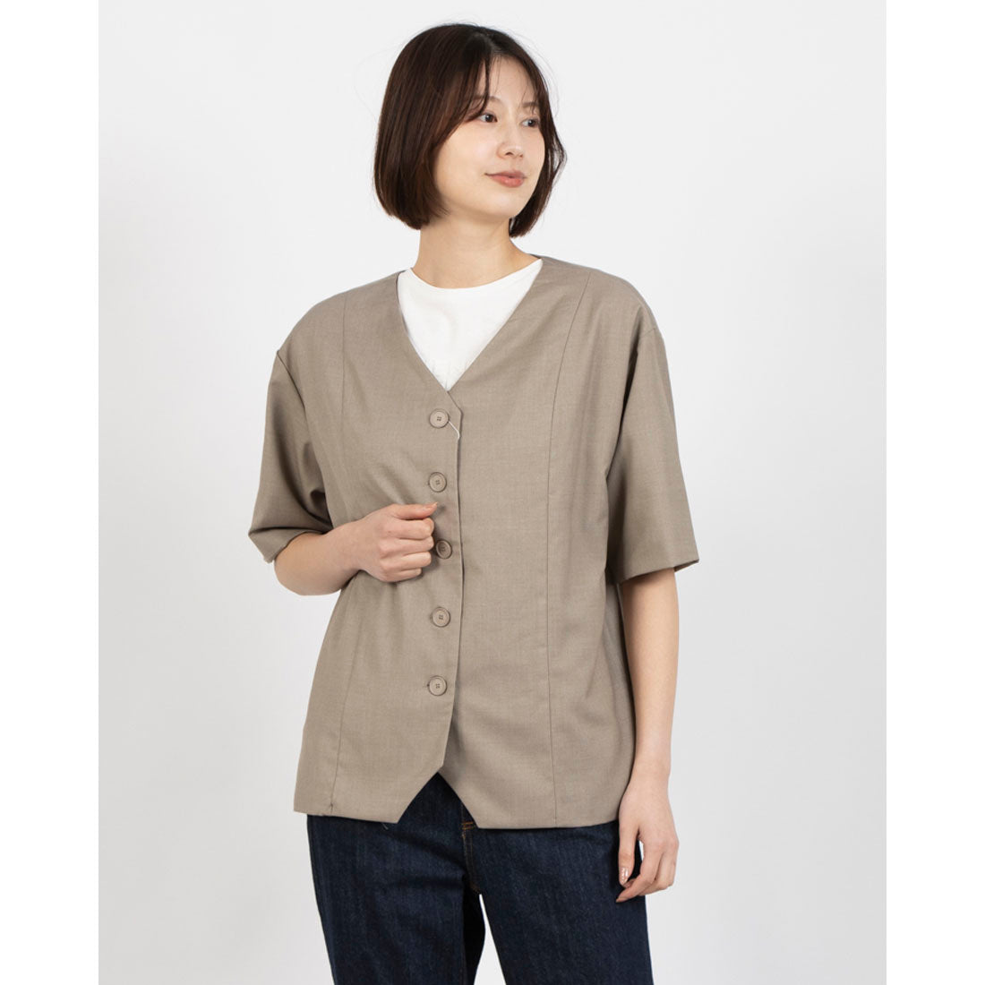 フェピュール feepur ノーカラー半袖ジャケット (BEG) BEG