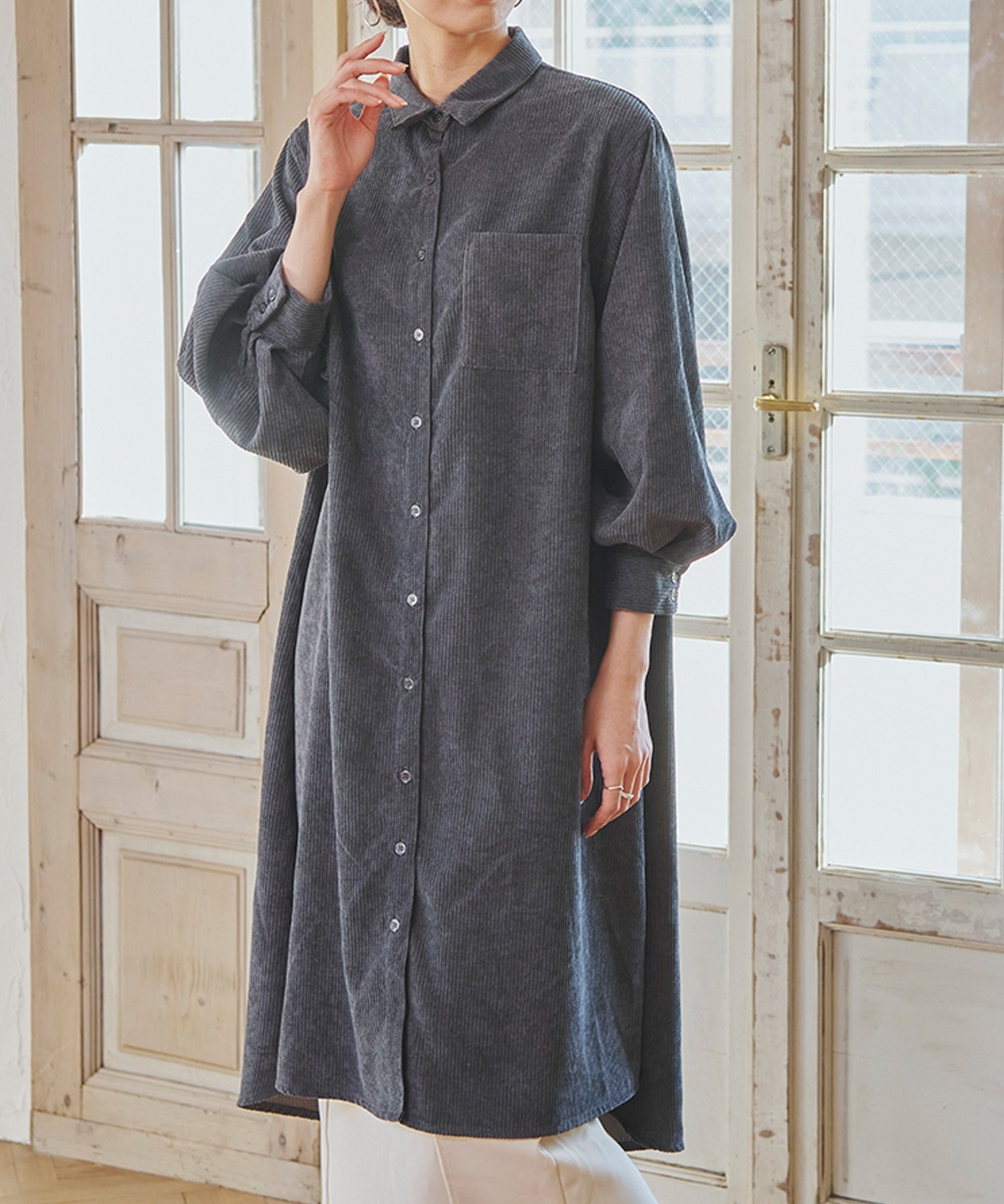 フィズ Fizz 細コーデュロイ ボリューム袖ロングシャツワンピ mitis AW パフ袖 フレア チュニック,スミクロ(159)