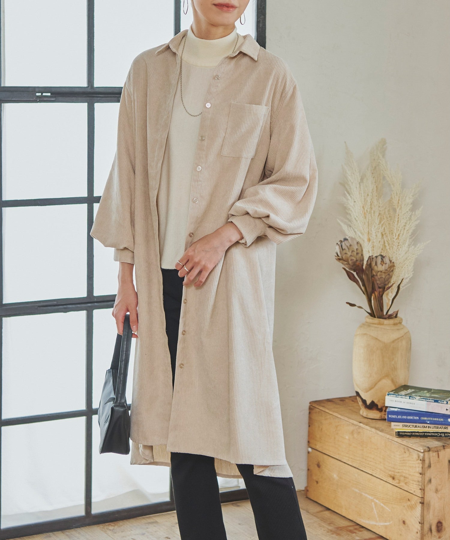 フィズ Fizz 細コーデュロイ ボリューム袖ロングシャツワンピ mitis AW パフ袖 フレア チュニック