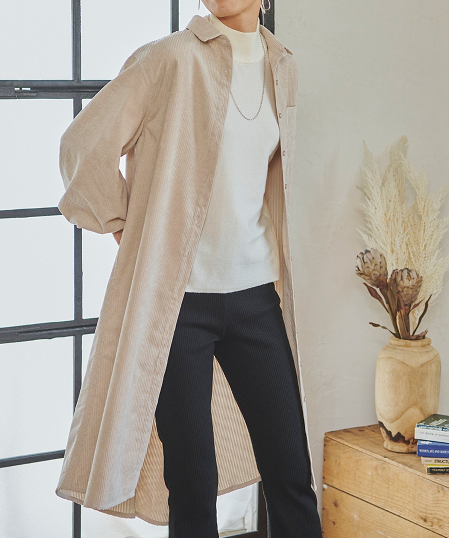 フィズ Fizz 細コーデュロイ ボリューム袖ロングシャツワンピ mitis AW パフ袖 フレア チュニック