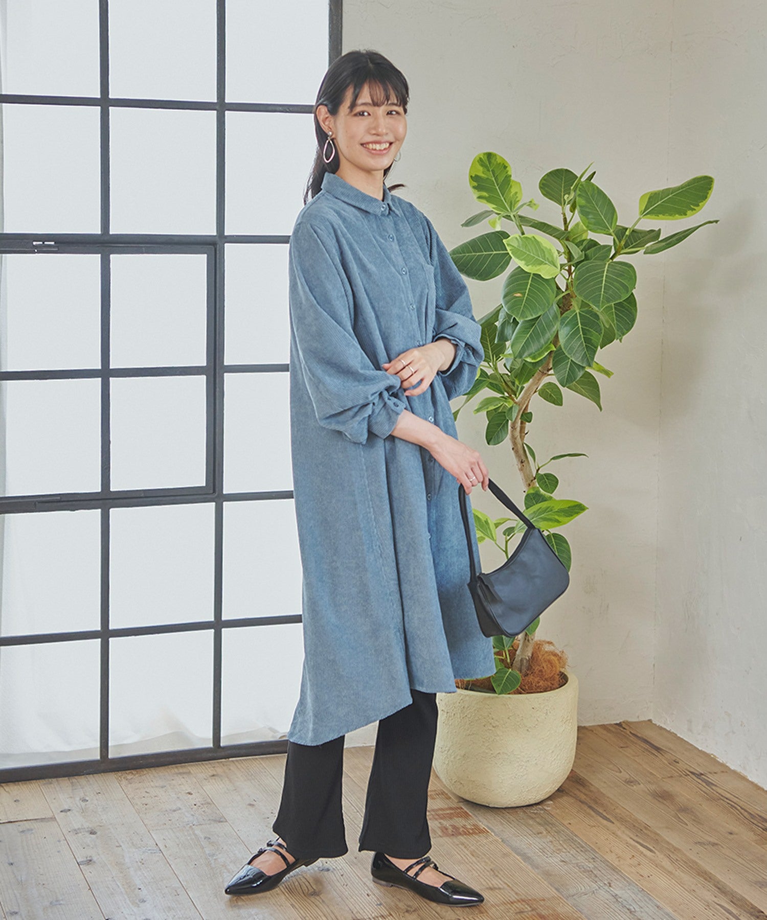 フィズ Fizz 細コーデュロイ ボリューム袖ロングシャツワンピ mitis AW パフ袖 フレア チュニック