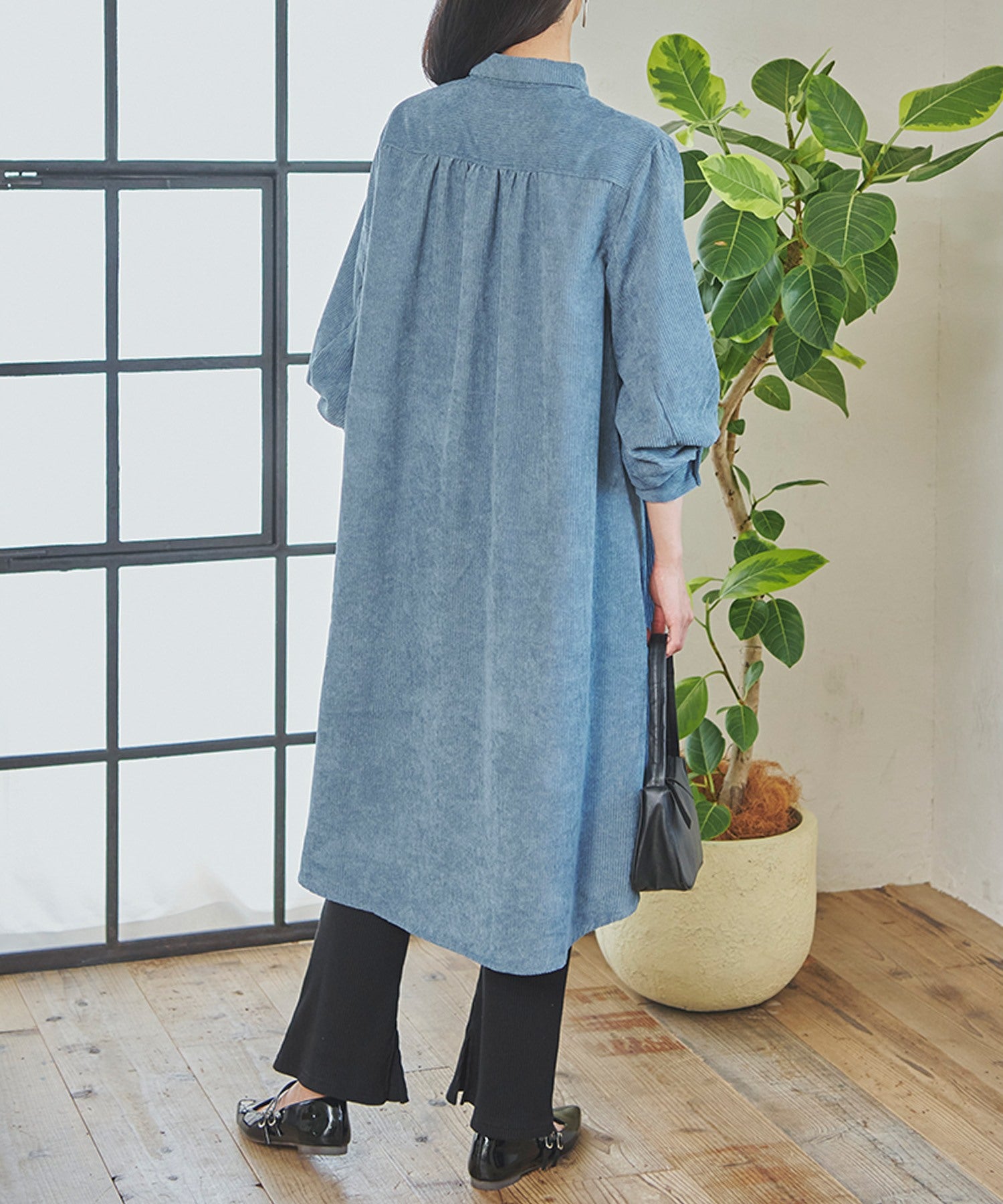 フィズ Fizz 細コーデュロイ ボリューム袖ロングシャツワンピ mitis AW パフ袖 フレア チュニック