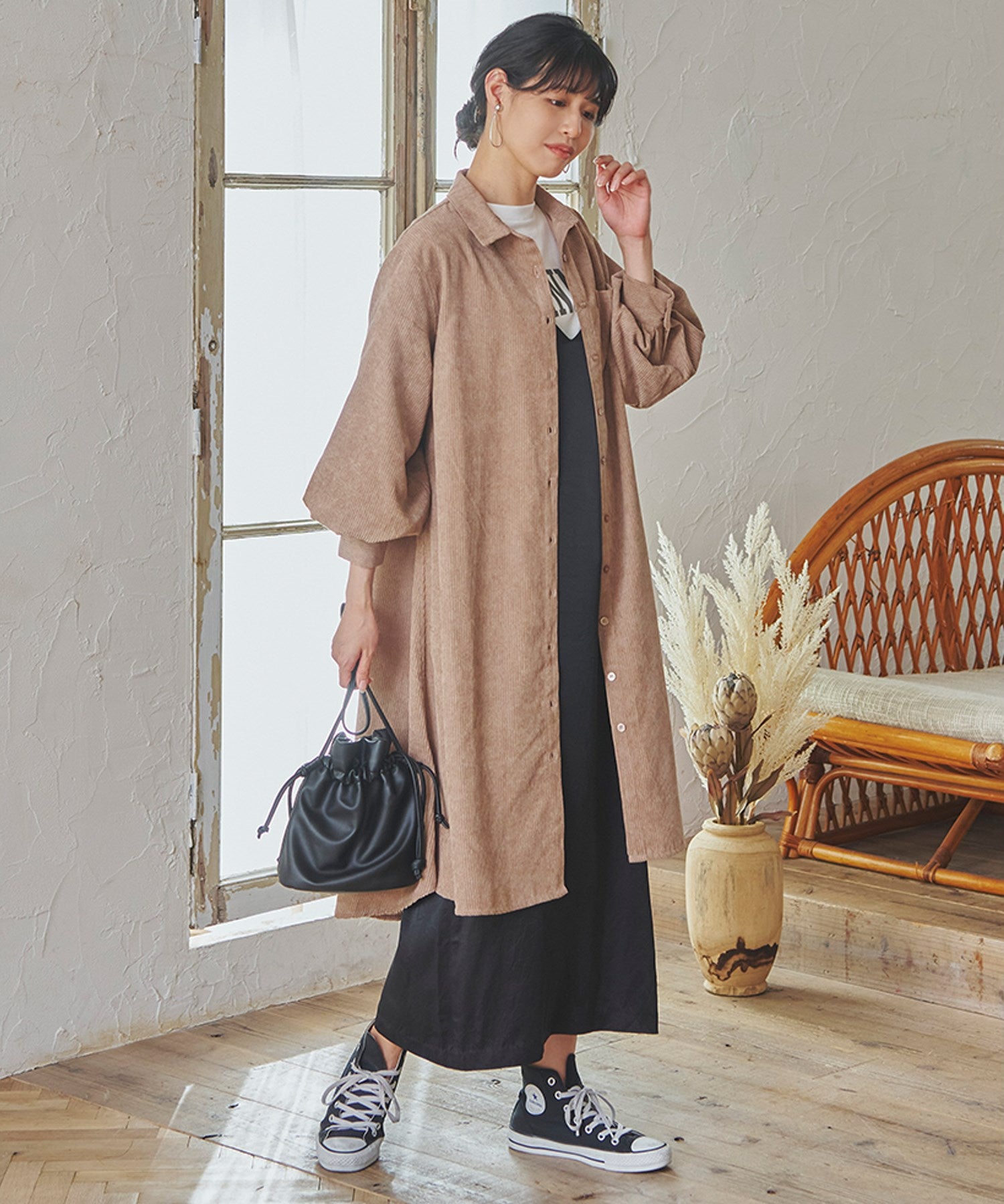 フィズ Fizz 細コーデュロイ ボリューム袖ロングシャツワンピ mitis AW パフ袖 フレア チュニック