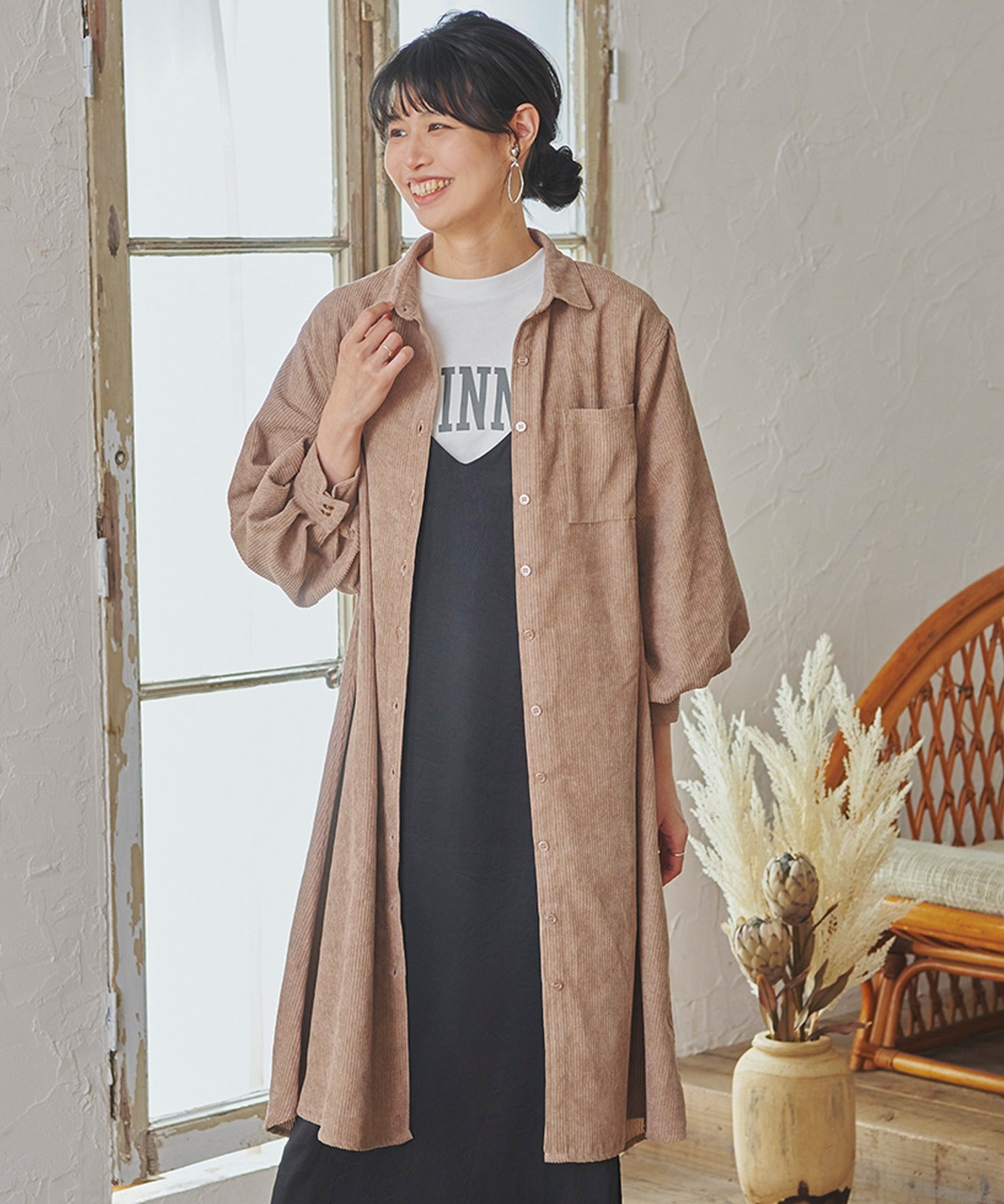 フィズ Fizz 細コーデュロイ ボリューム袖ロングシャツワンピ mitis AW パフ袖 フレア チュニック,モカ(05)