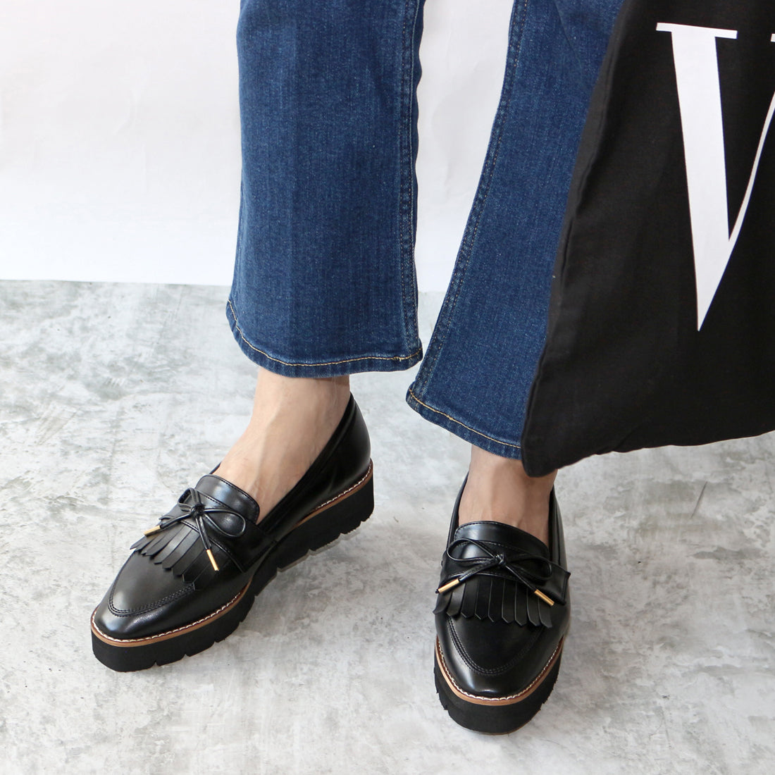 フィン Fin 厚底リボンキルトローファー【低反発スポンジ入り】 (ブラック) ブラック