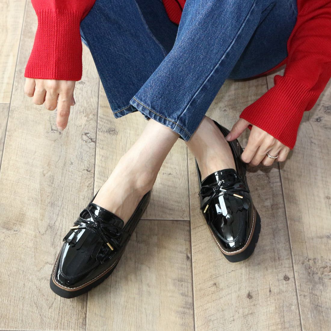 フィン Fin 厚底リボンキルトローファー【低反発スポンジ入り】 (ブラックエナメル) ブラックエナメル