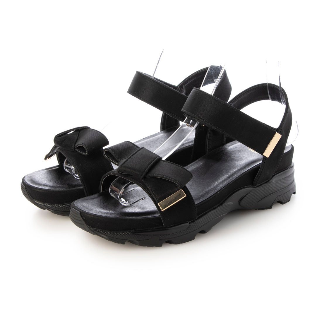 フィン Fin サテンリボン厚底ベルクロスポーツサンダル【低反発スポンジ入り】 (ブラック) ブラック