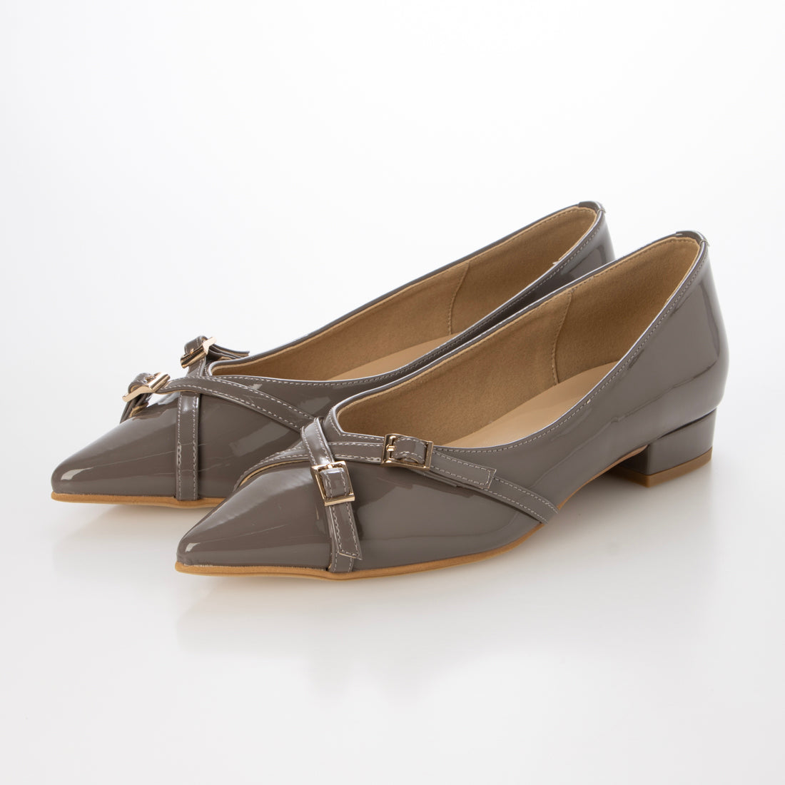 フィン Fin ポインテッドトゥベルテッドフラットシューズ【低反発スポンジ入り】 (グレーエナメル) グレーエナメル