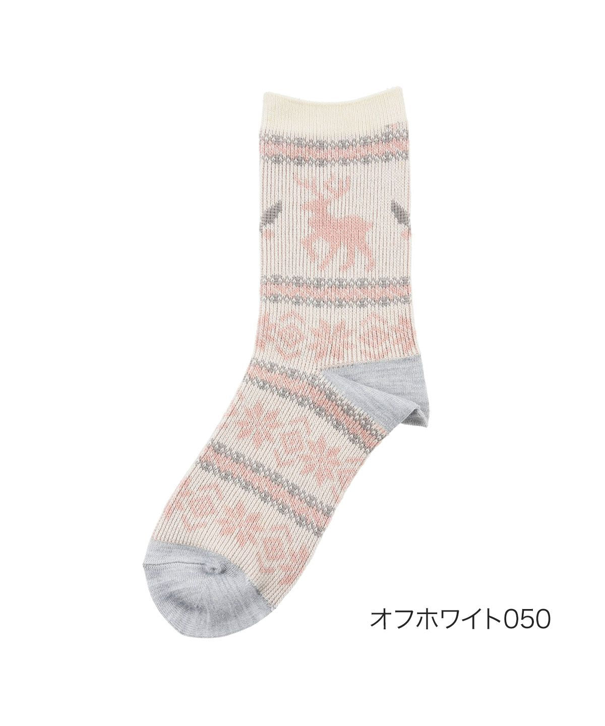 ドットフクスケ .fukusuke 福助 公式 .fukuske : トナカイ柄 3トーンカラー クルー丈 靴下 毛混ジャガード編み 00W3J125 (オフホワイト050) オフホワイト050