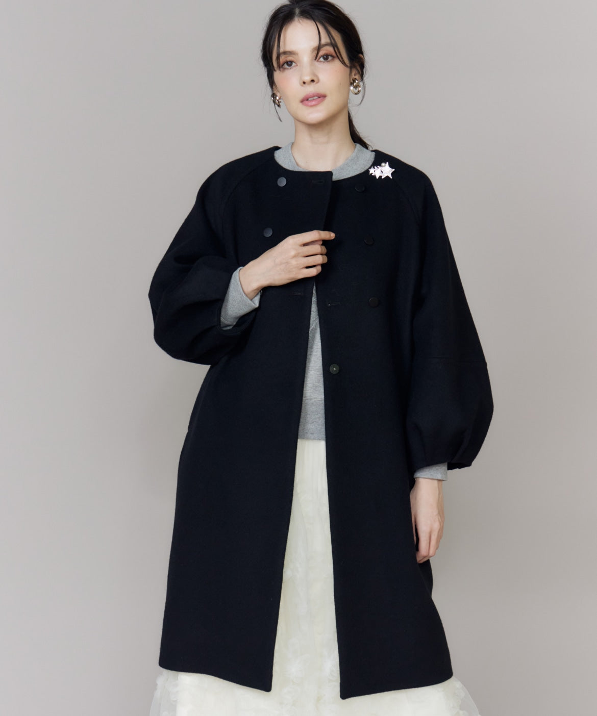 マーリエ ル カセット Maglie le cassetto ダブル釦袖ボリュームコート (ブラック) ブラック