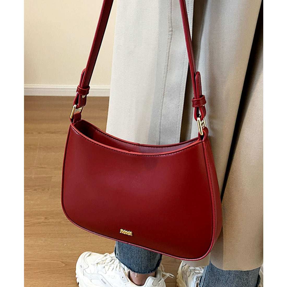 フロージュ florge 【2種類のショルダーストラップ入り】レザータッチシンプルホーボーバッグ/ハンドバッグ (ワインレッド) ワインレッド