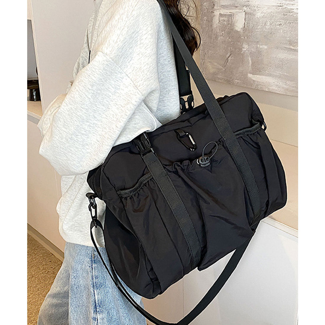 フロージュ florge 【A4収納可・軽い◎】2WAY ギャザーポケットカジュアルボストンバッグ/ショルダーバッグ (ブラック) ブラック