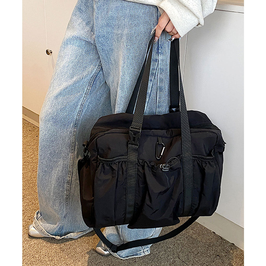 フロージュ florge 【A4収納可・軽い◎】2WAY ギャザーポケットカジュアルボストンバッグ/ショルダーバッグ (ブラック) ブラック