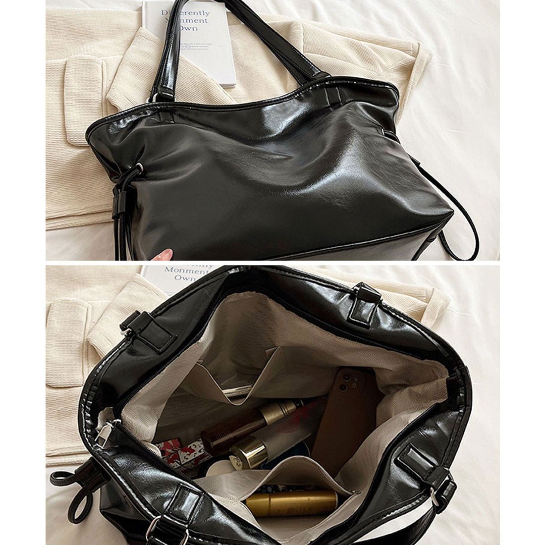 フロージュ florge 【A4収納・撥水PU】レザーライクサイドドロストトートバッグ/ビジネスバッグ (ブラック) ブラック