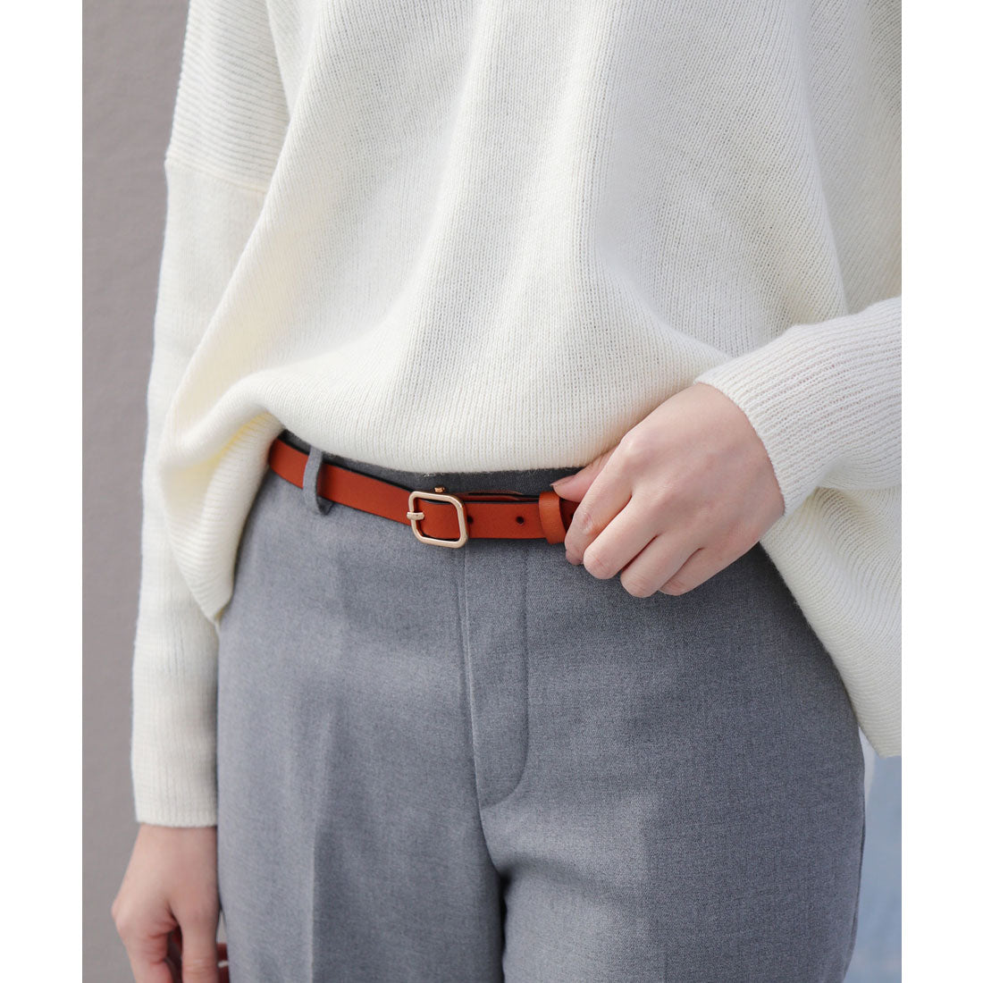 フロージュ florge 【牛革】細身スクエアバックルレザーベルト,ブラウン