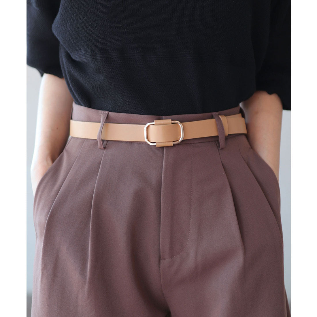 フロージュ florge ゴールドバックル穴無しレザーライクベルト (ベージュ) ベージュ