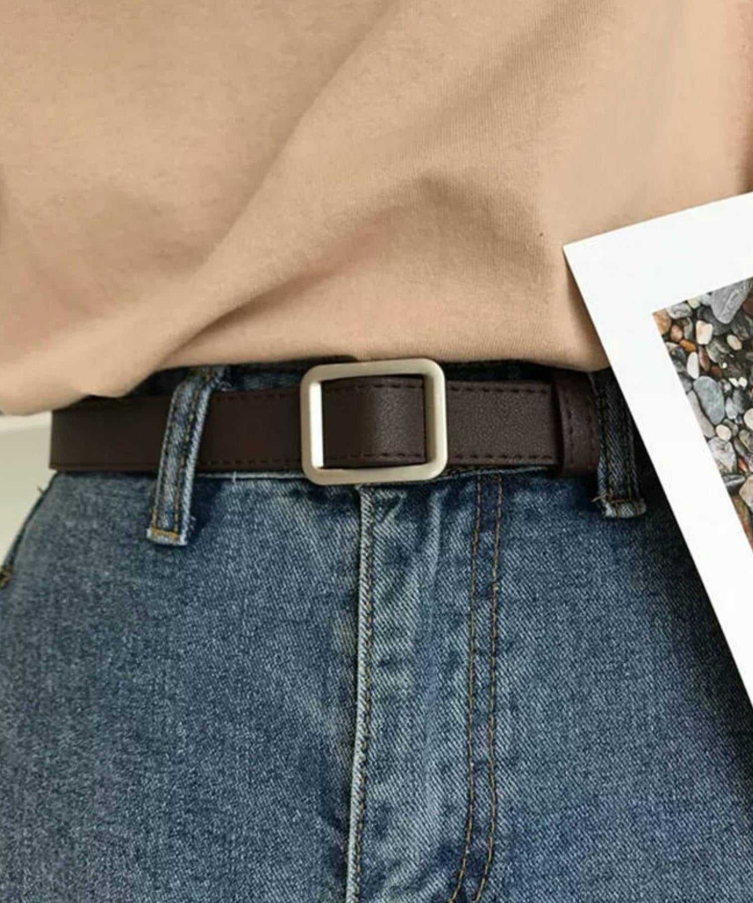 フロージュ florge 【無段階調節可能】レトロ風シンプルスクエアバックルベルト,シルバー/ブラウン