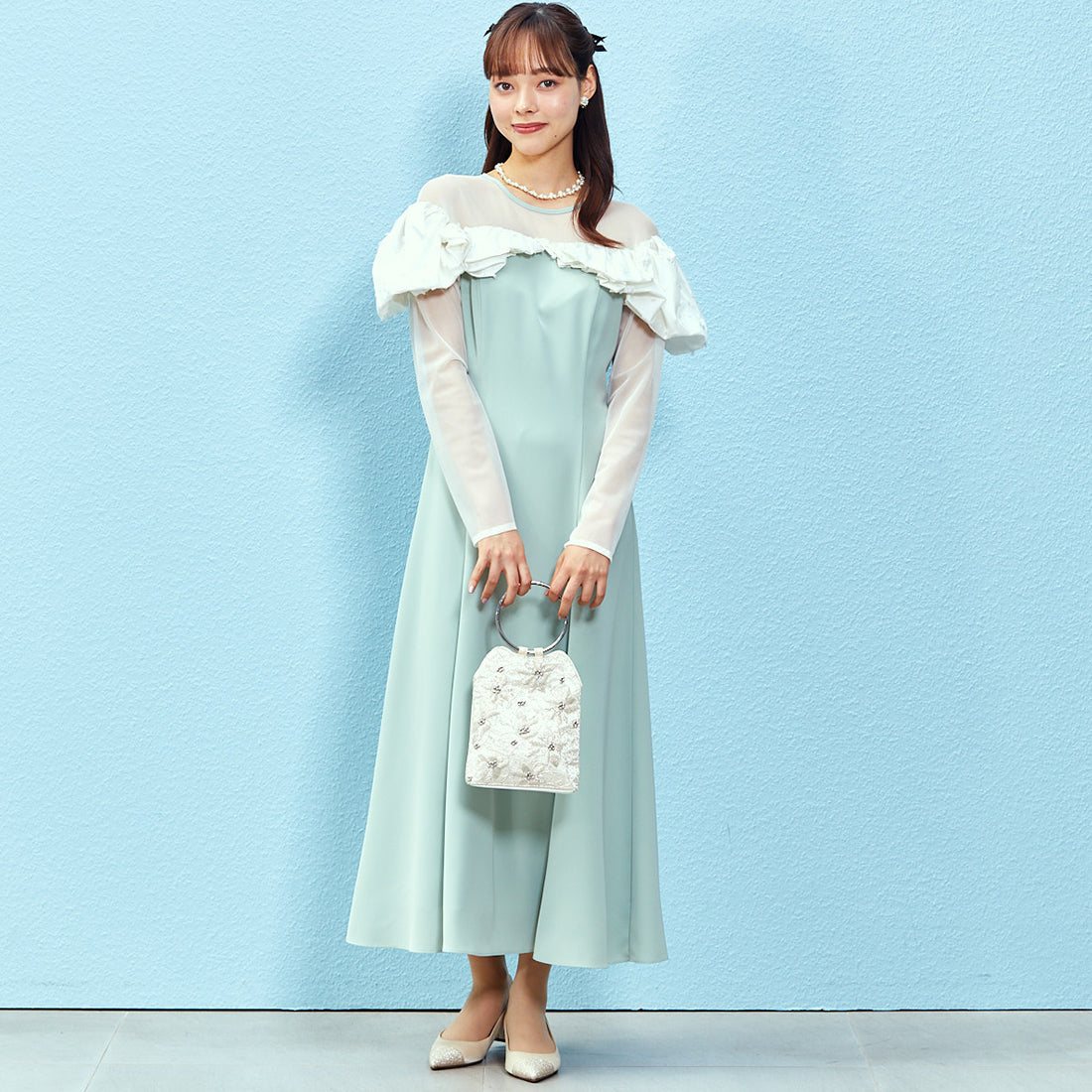 wedding dress stores green bay wi Retica Party Dress Flower Lace Three-Quarter Sleeve Bell Sleeve Ribbon Switch Flare Long Dress Wedding Large Size 20s 30s main image 1