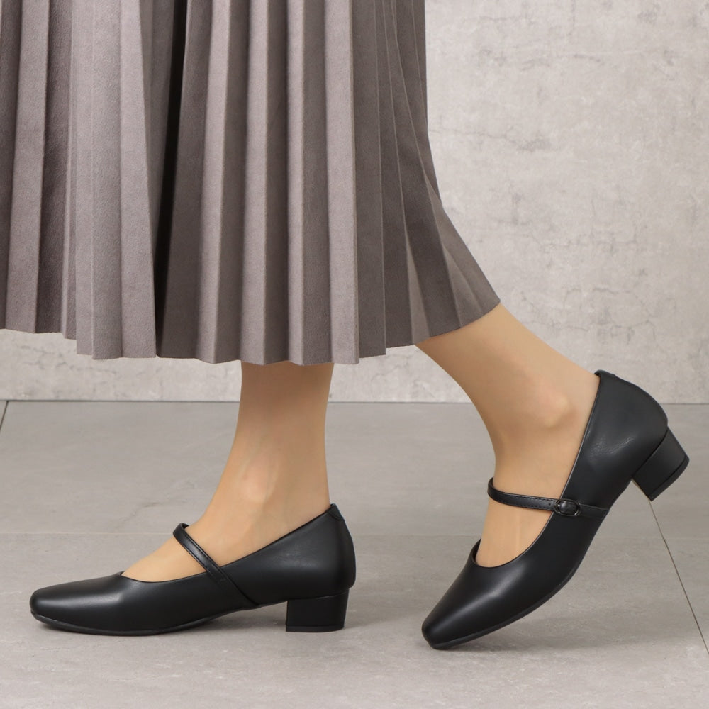 幅広 3E 防水 ストラップパンプス <3.0cmヒール> 【21.5cm~25.5cm】 FR-1109 fuwaraku BLK