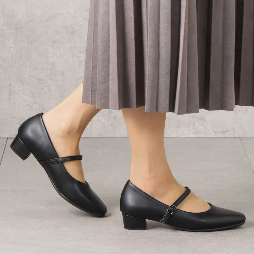 幅広 3E 防水 ストラップパンプス <3.0cmヒール> 【21.5cm~25.5cm】 FR-1109 fuwaraku BLK