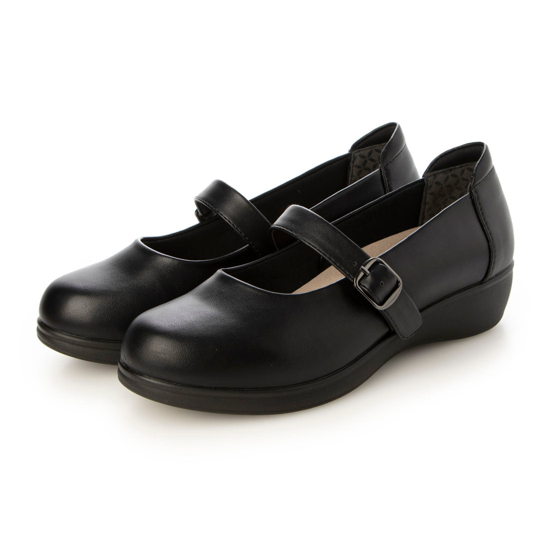 fuwaraku ゆったり幅広 4E 防水 ストラップウェッジパンプス <3.5cmヒール> 【21.5cm~25.5cm】 FR-4004,BLK